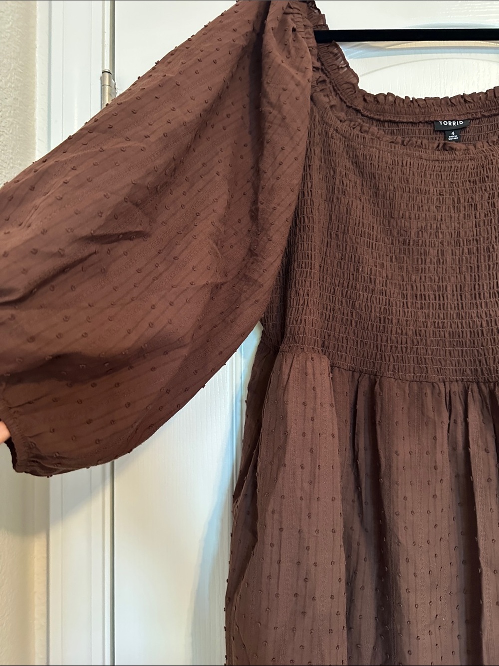 torrid Brown Swiss Dot Puff Sleeve Babydoll Dress - Picture 3 of 5